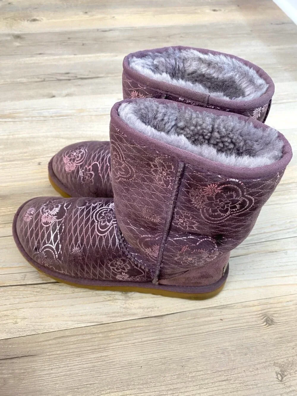 UGG Classic Genuine Shearling Lined Metallic Floral Purple Short Boots - Size 8